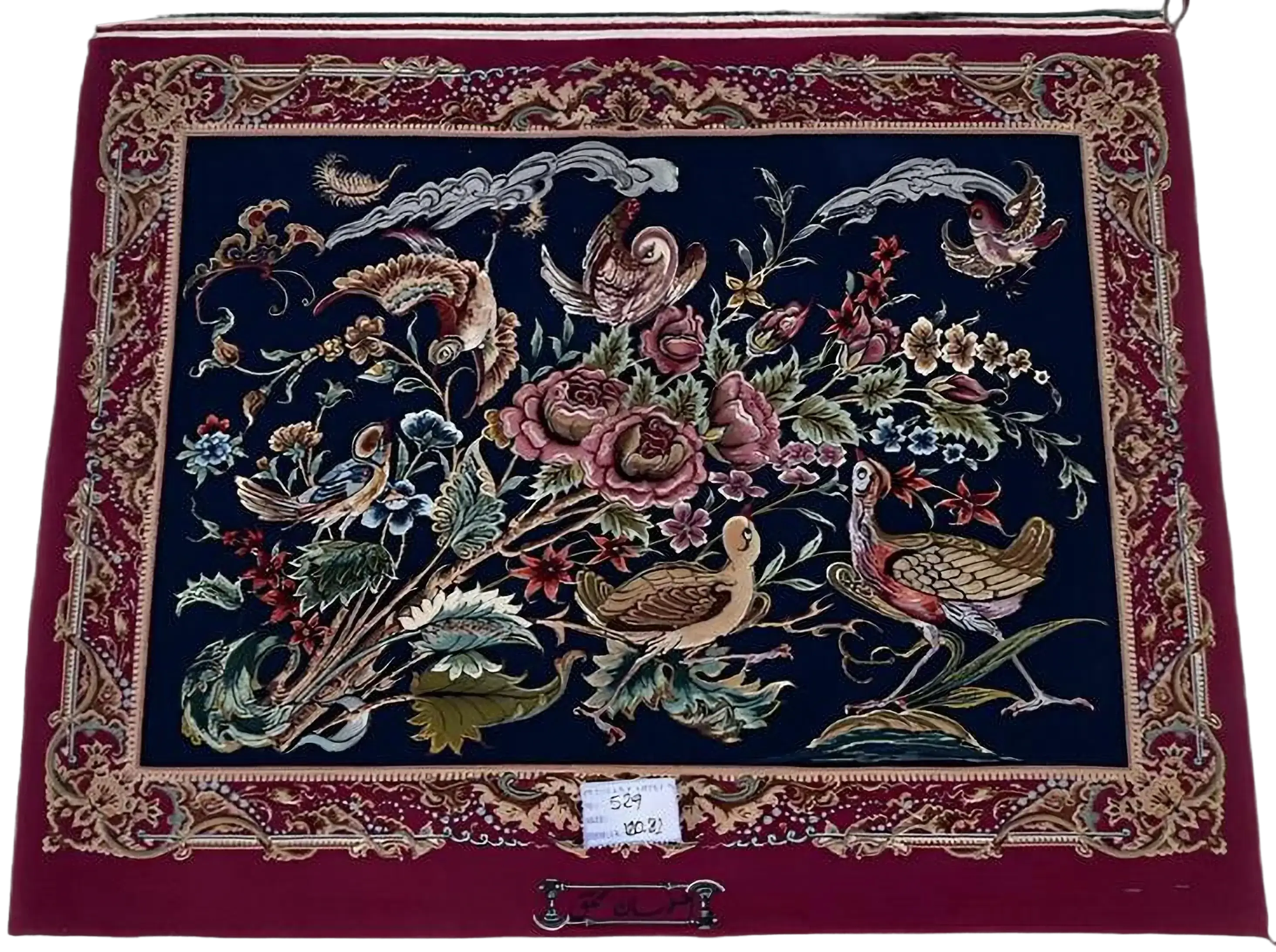"Hand-knotted Persian Isfahan rug, featuring intricate floral and bird designs in wool and silk. A luxurious decorative rug for home decor, measuring 120 cm x 80 cm, perfect for adding elegance to any space."